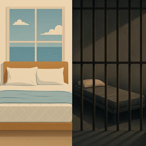 Split illustration: on the left, a made bed with pillows below a window looking out on a lake; on the right, a thin mattress on a metal bunk behind dark prison bars.
